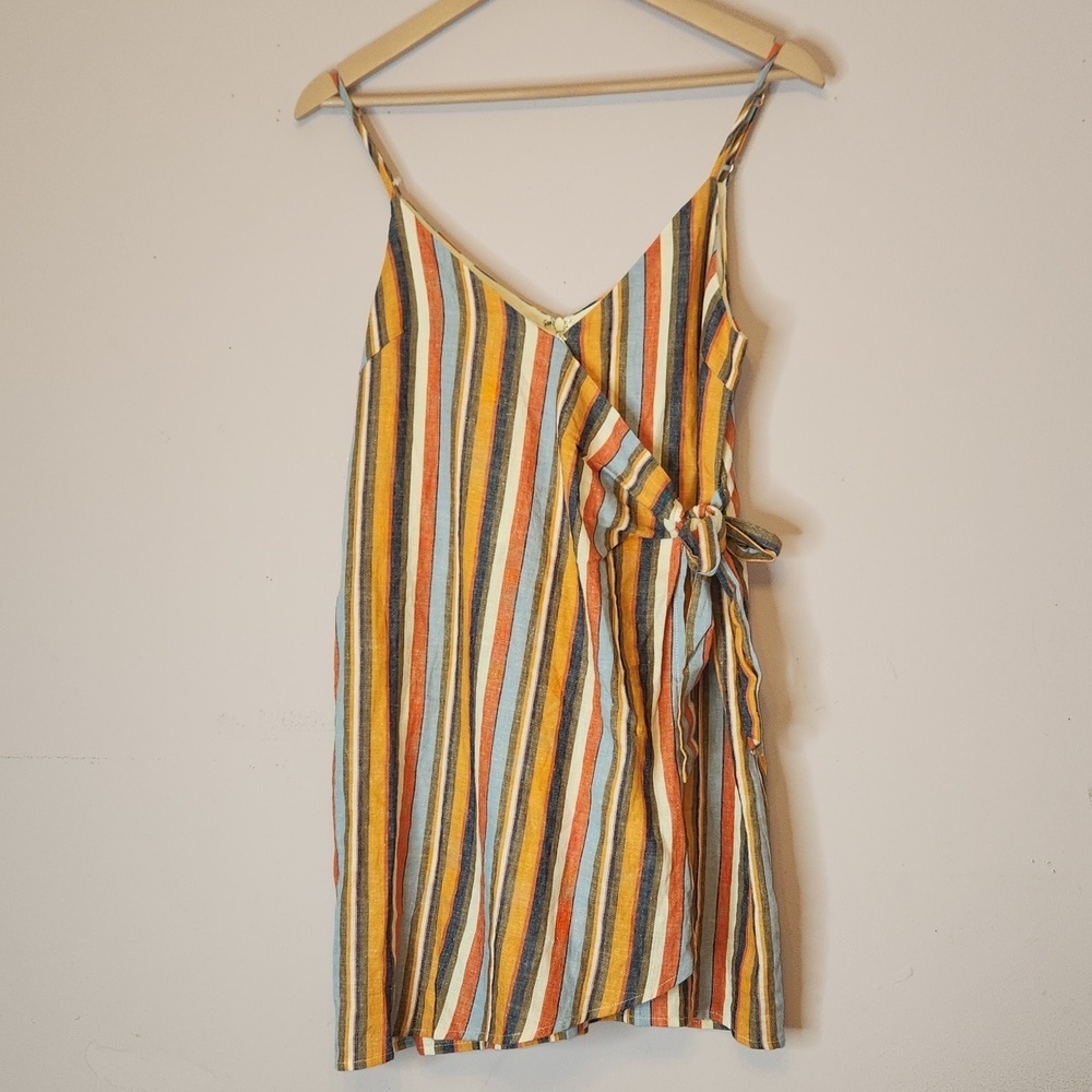 Anthropologie LE LIS Vertical Stripe Linen Blend Front Tie Wrap Mini, size S